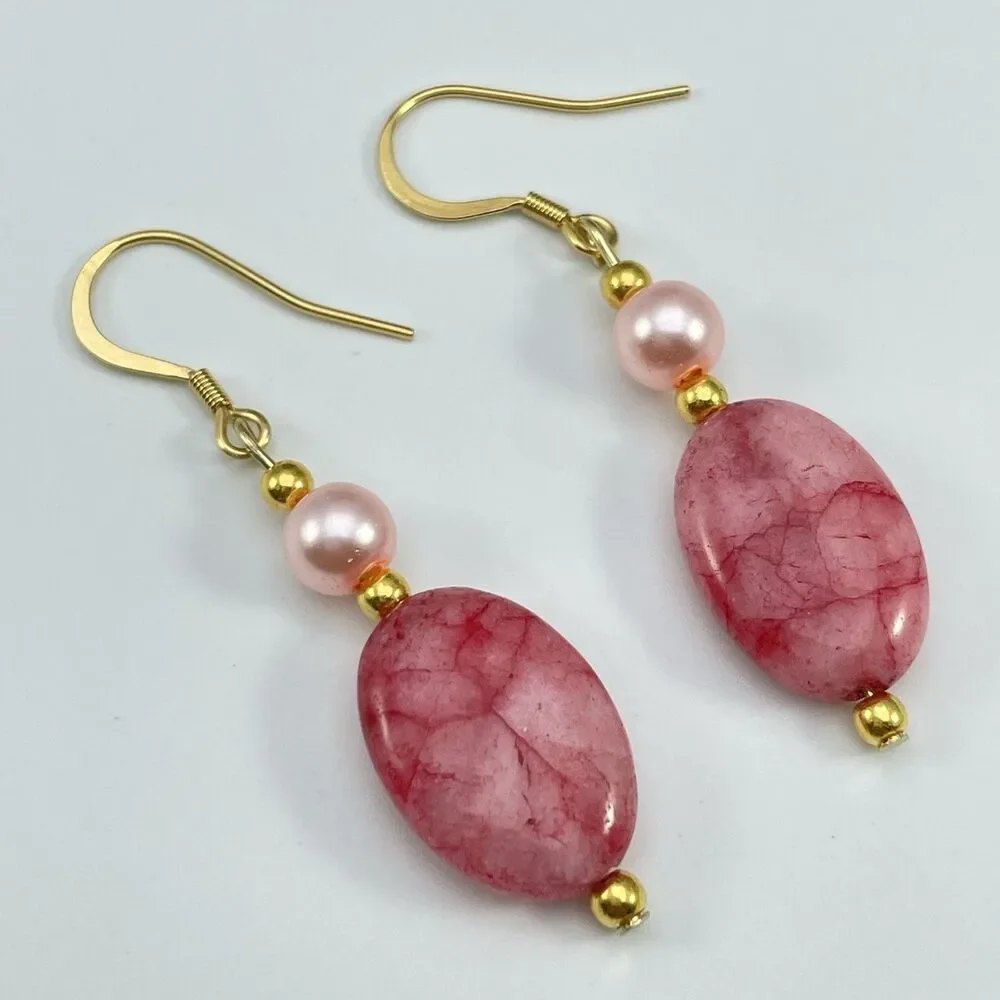 18K Gold Plated Pink Quartz Pink Glass Pearl Beaded Dangle Earrings Boho Cute